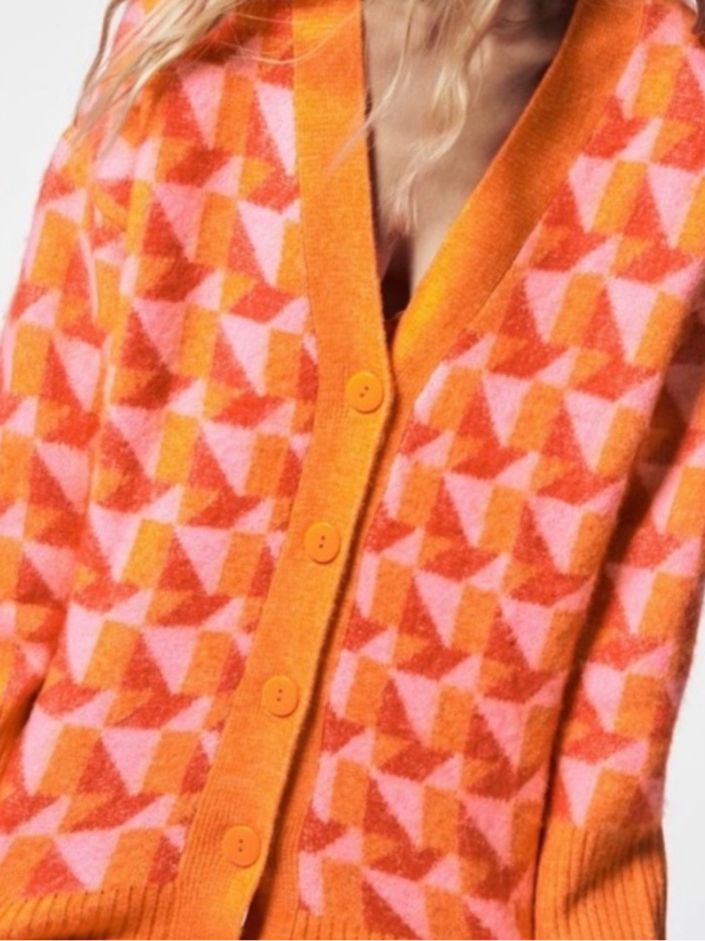 Zara Orange and Pink Geometric V‑Neck Cardigan